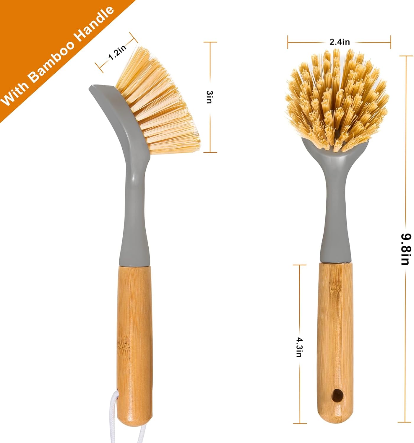 2 Pack Kitchen Dish Brushes with Bamboo Handle, Dish Scrubber Built-in Scraper, Scrub Brush for