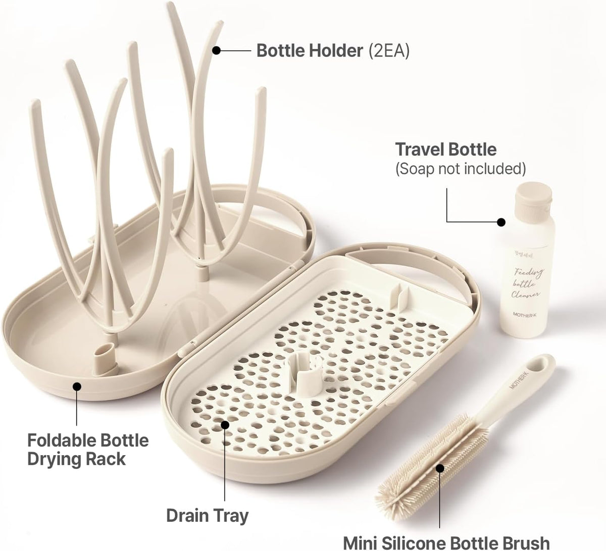 MOTHER-K Travel Baby Bottle Drying Rack Set - Baby Bottle Cleaner Kit with Mini Silicone Bottle