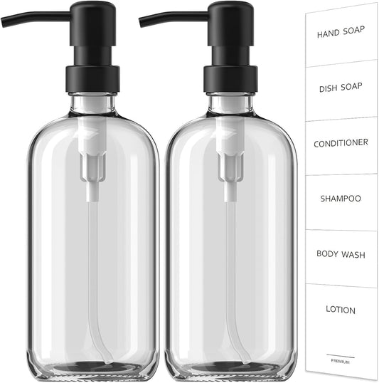 GMISUN Glass Soap Dispenser with Pump, 2 Pack Clear Bathroom Hand Soap Dispenser with Stainless