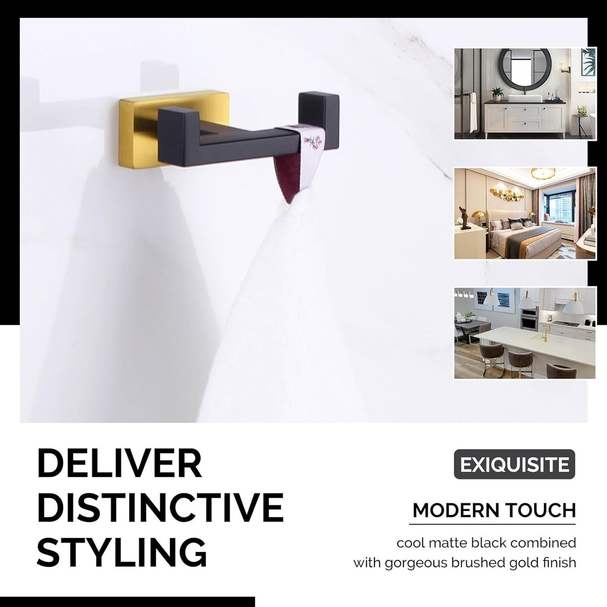 Angle Simple Towel Hook Black & Gold 2 PCS, Stainless Steel Double Hook for Bathroom, Square Robe