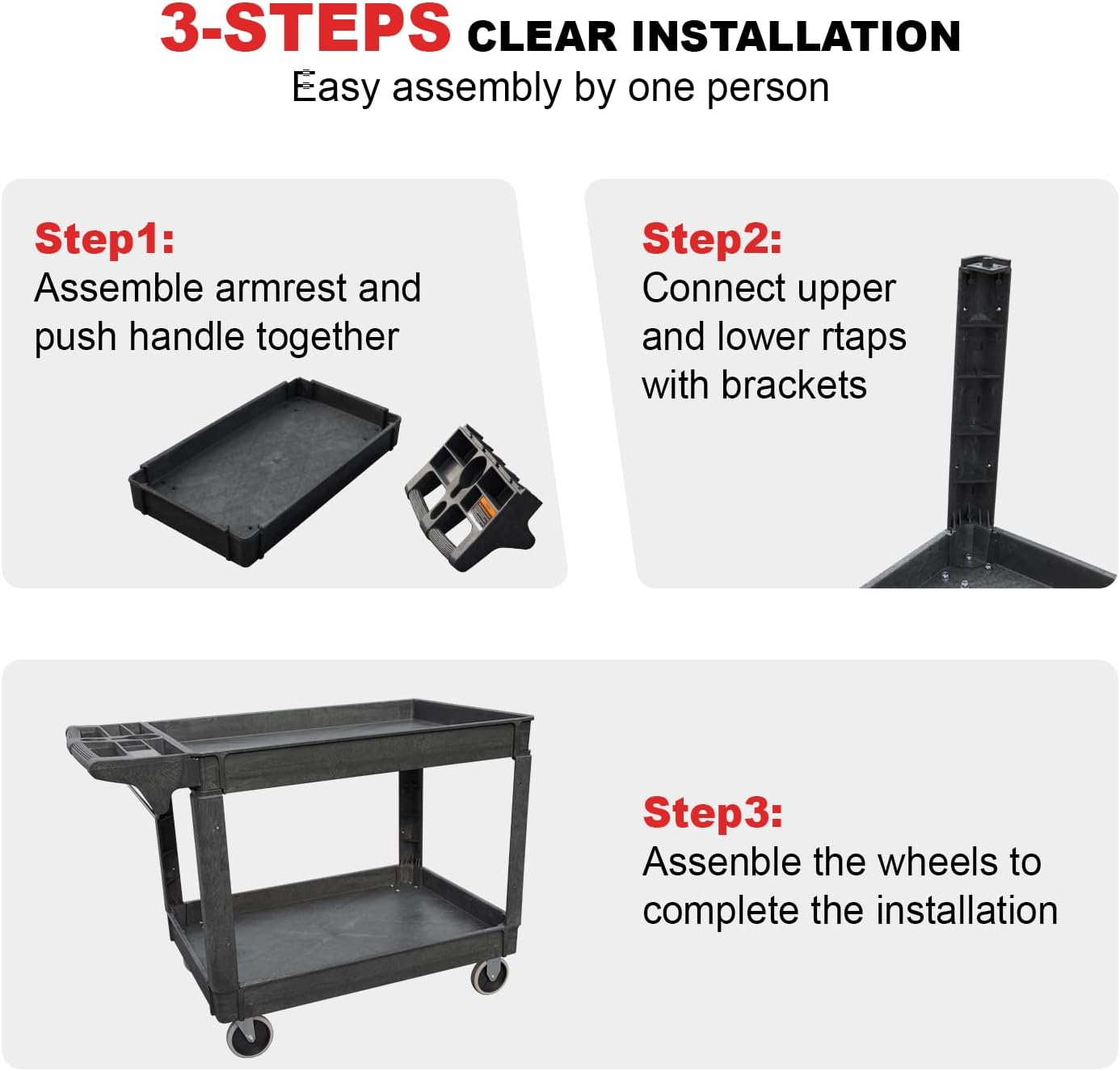 Utility Service Cart, 2-Shelf 500LBS Heavy Duty Plastic Rolling Utility Cart with 360° Swivel