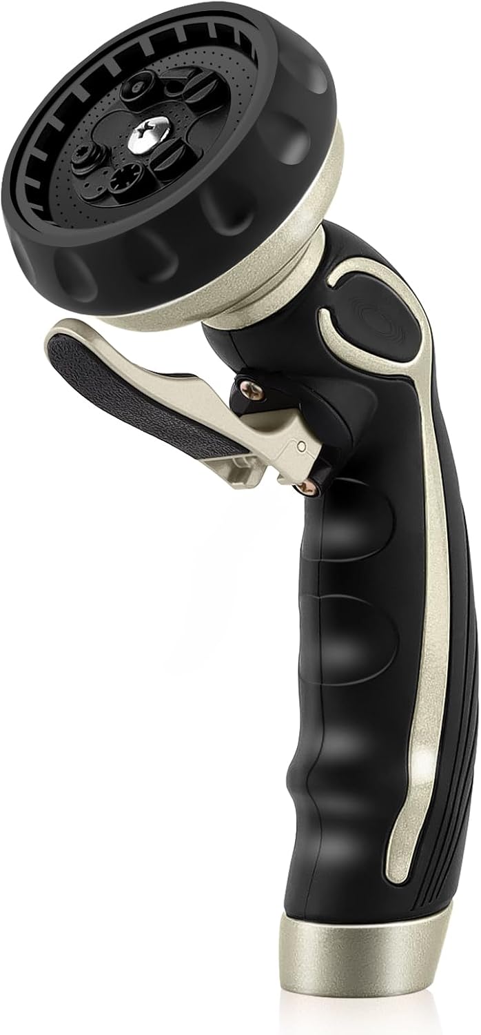 RESTMO Hose Nozzle with Easy Self-Lock Trigger, Heavy Duty Metal Water Hose Sprayer with 9 Spray