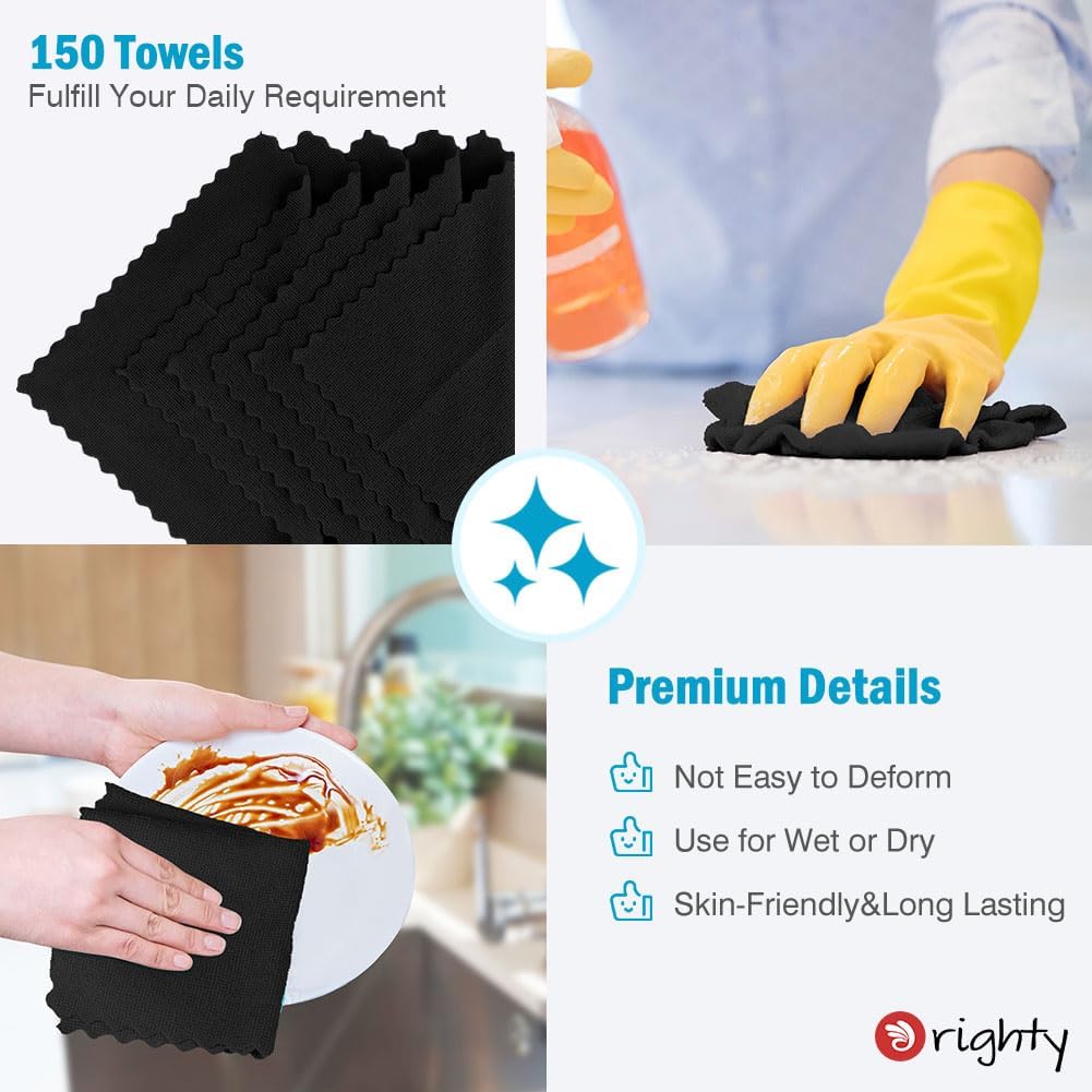 Orighty Black Microfiber Cleaning Cloth, 150 Pack Highly Absorbent Cleaning Supplies, Lint Free