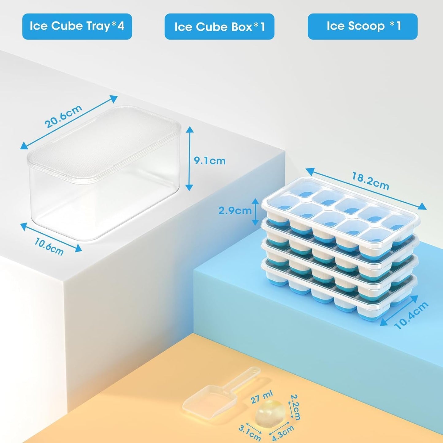 DOQAUS Ice Cube Tray with Lid and Bin, 4 Pack Silicone Plastic Ice Cubes Trays for Freezer with