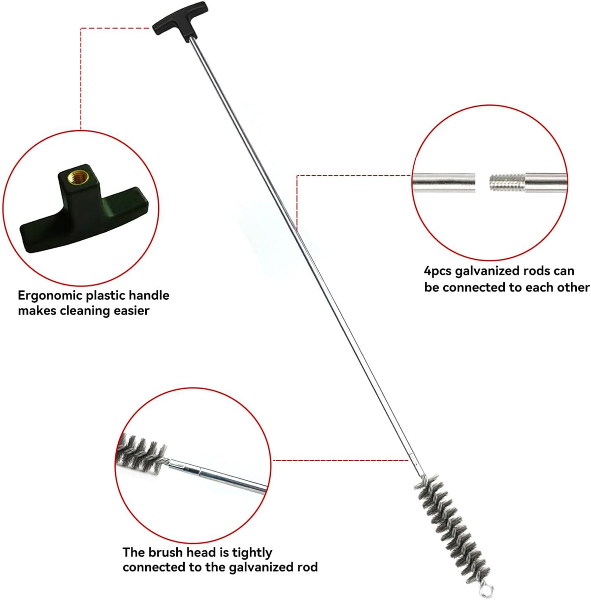 50 in Pipe Cleaning Brush Set with Stainless Steel Bristles, Wire Brush with 4pcs Galvanized Rod