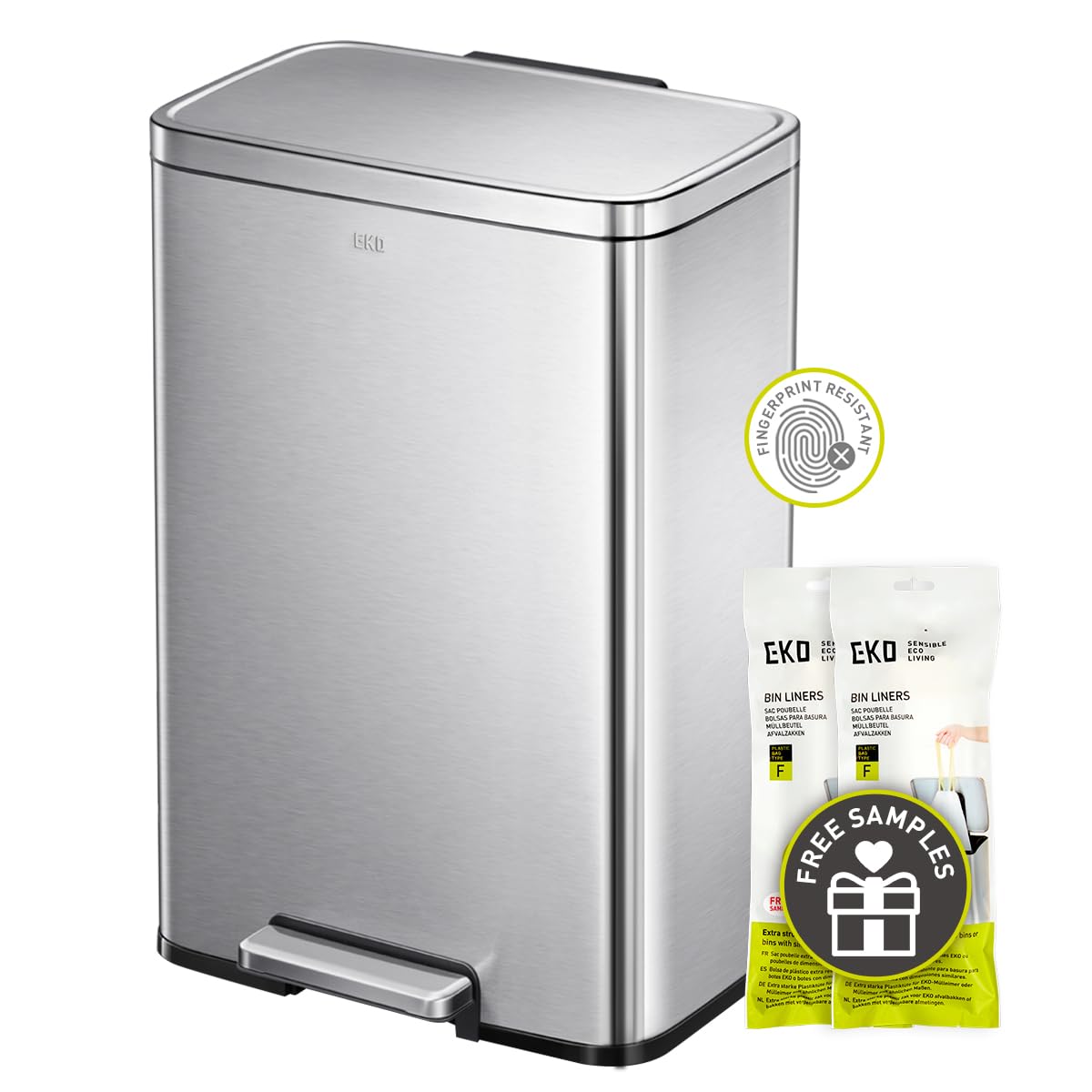EKO Madison Brushed Stainless 50 Liter/13.2 Gallon Step Trash Can with Inner Liner - Fingerprint