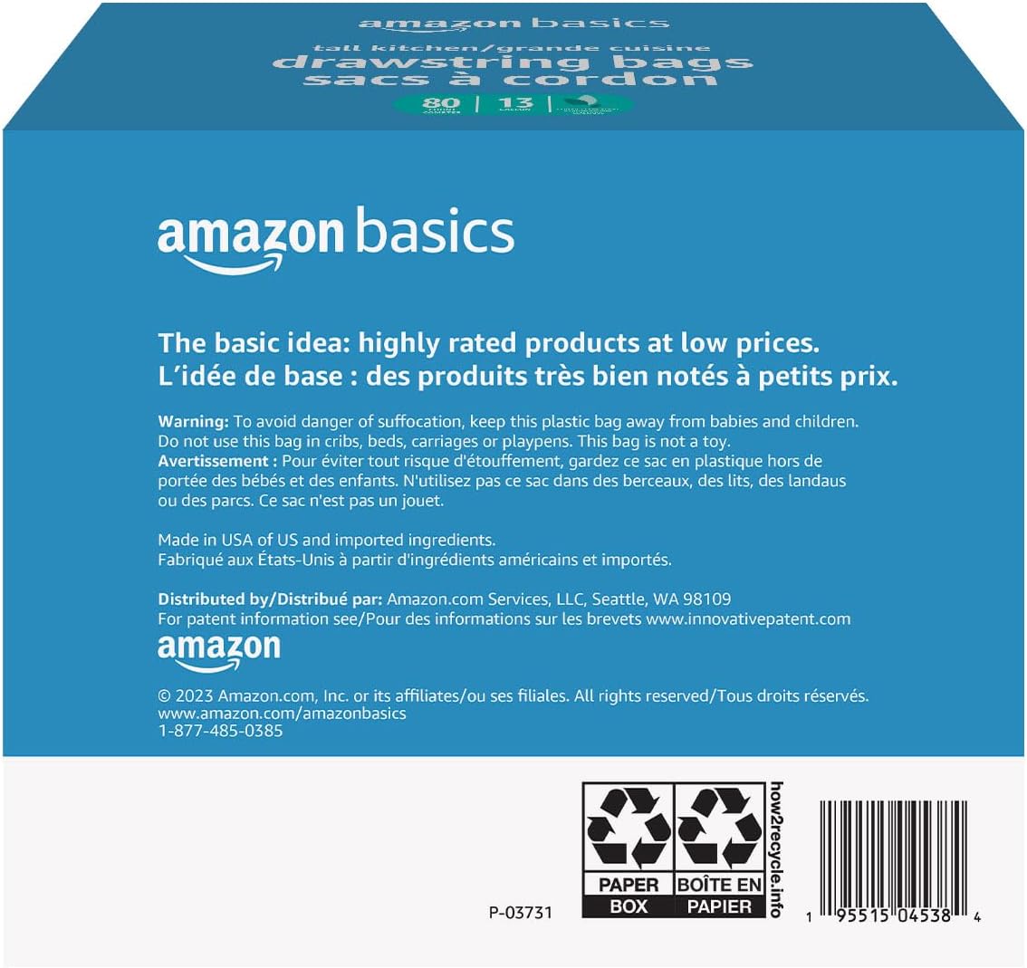 Amazon Basics Ultra-Force Tall Kitchen Drawstring Trash Bags, Classic Clean Scented, 13 Gallon, 80
