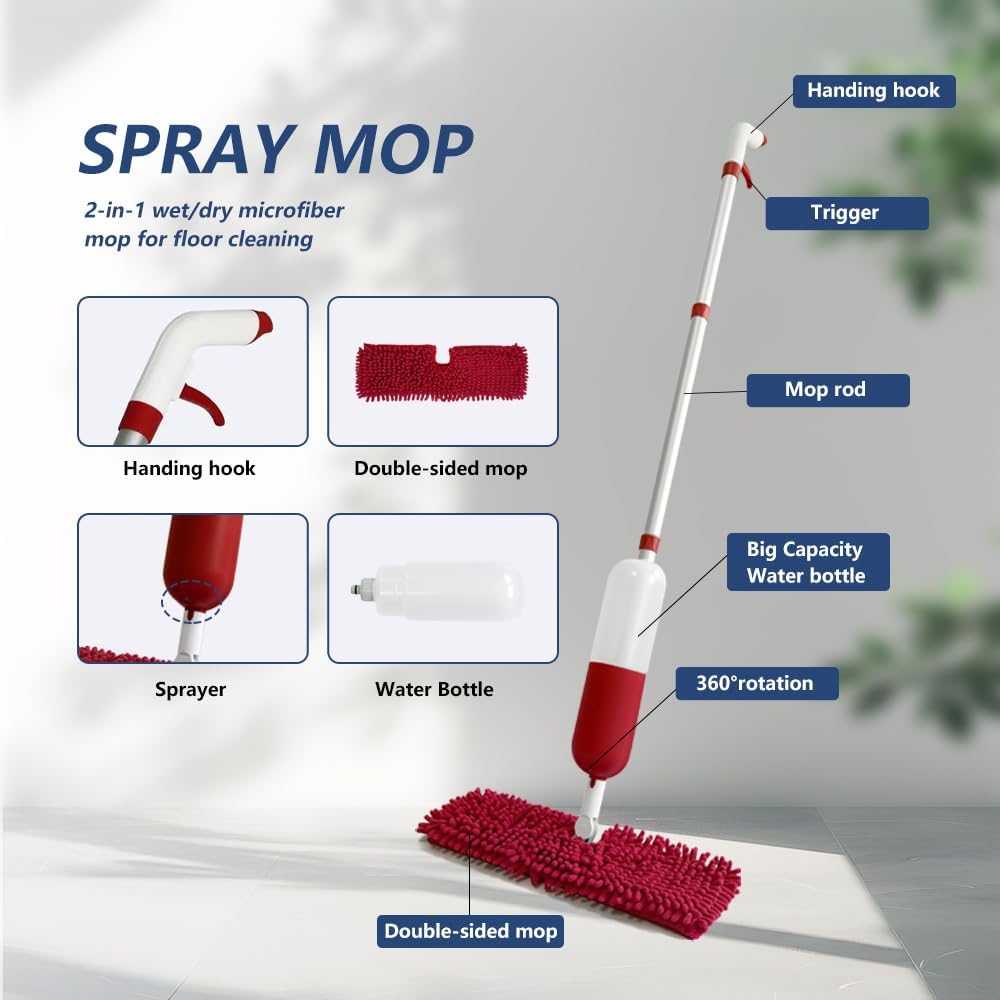 Spray Mop for Floor Cleaning Wet & Dry Mops Multi-Purpose Spray Mop - 2-in-1 Dry and Wet Microfiber