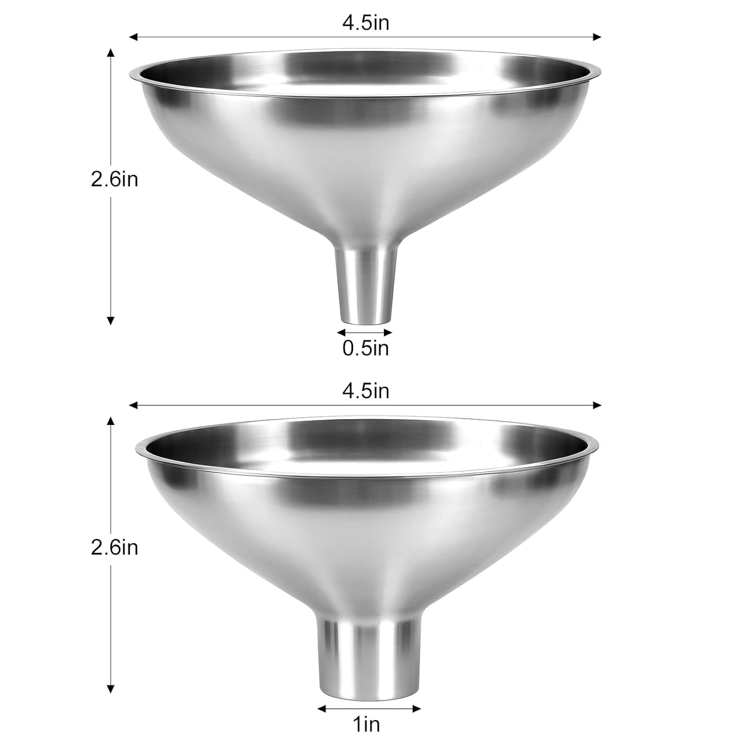 2 Pack Stainless Steel Kitchen Funnel Set for Filling Bottles - 2 Different Caliber Sizes, Seamless