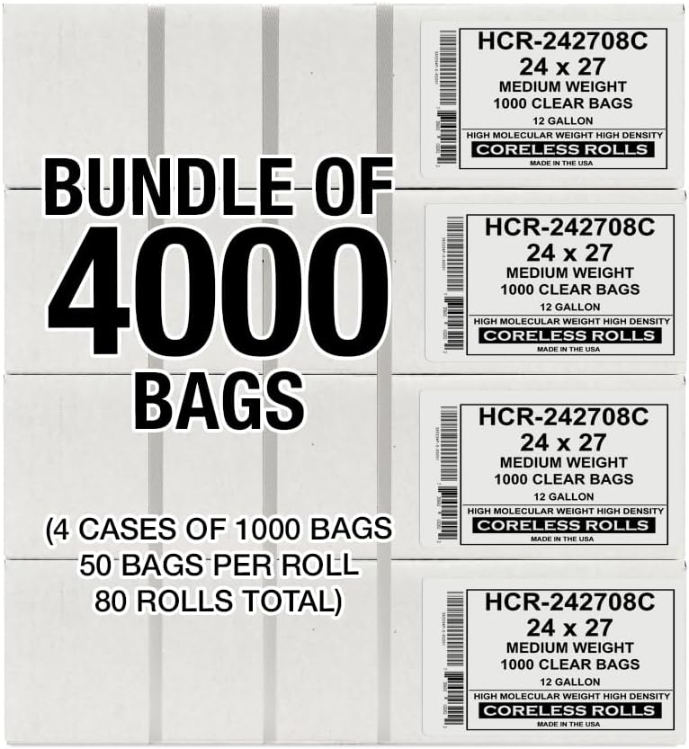 Aluf Plastics High Density Trash Bags, 12 Gallon, 4000 Count, 8 Micron (eq), 24" x 27", Clear, for