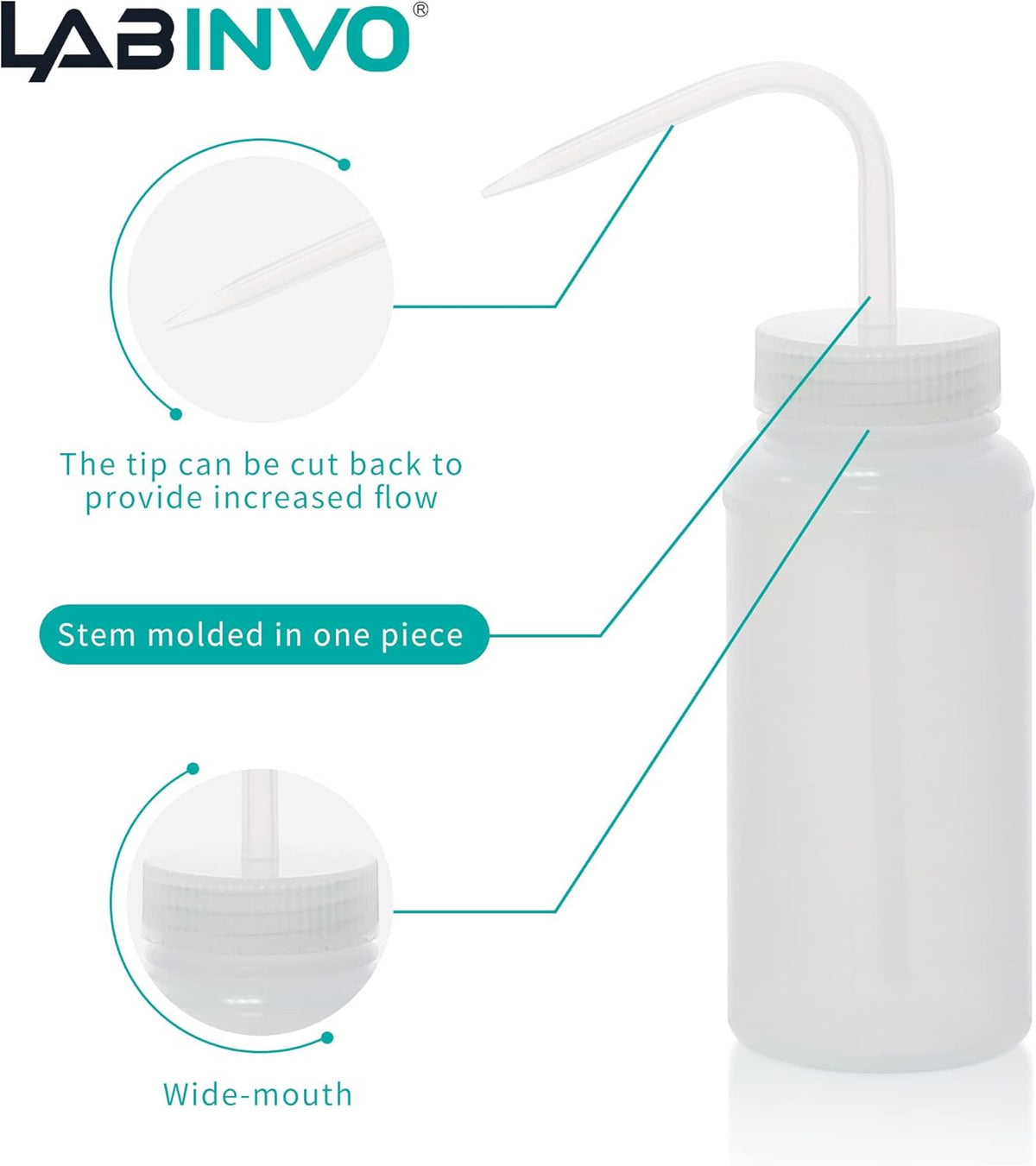6pcs of Economy Wash Bottles, Vol.500ml (17oz), Wide-Mouth, Self-Venting Safety Wash Bottles, LDPE