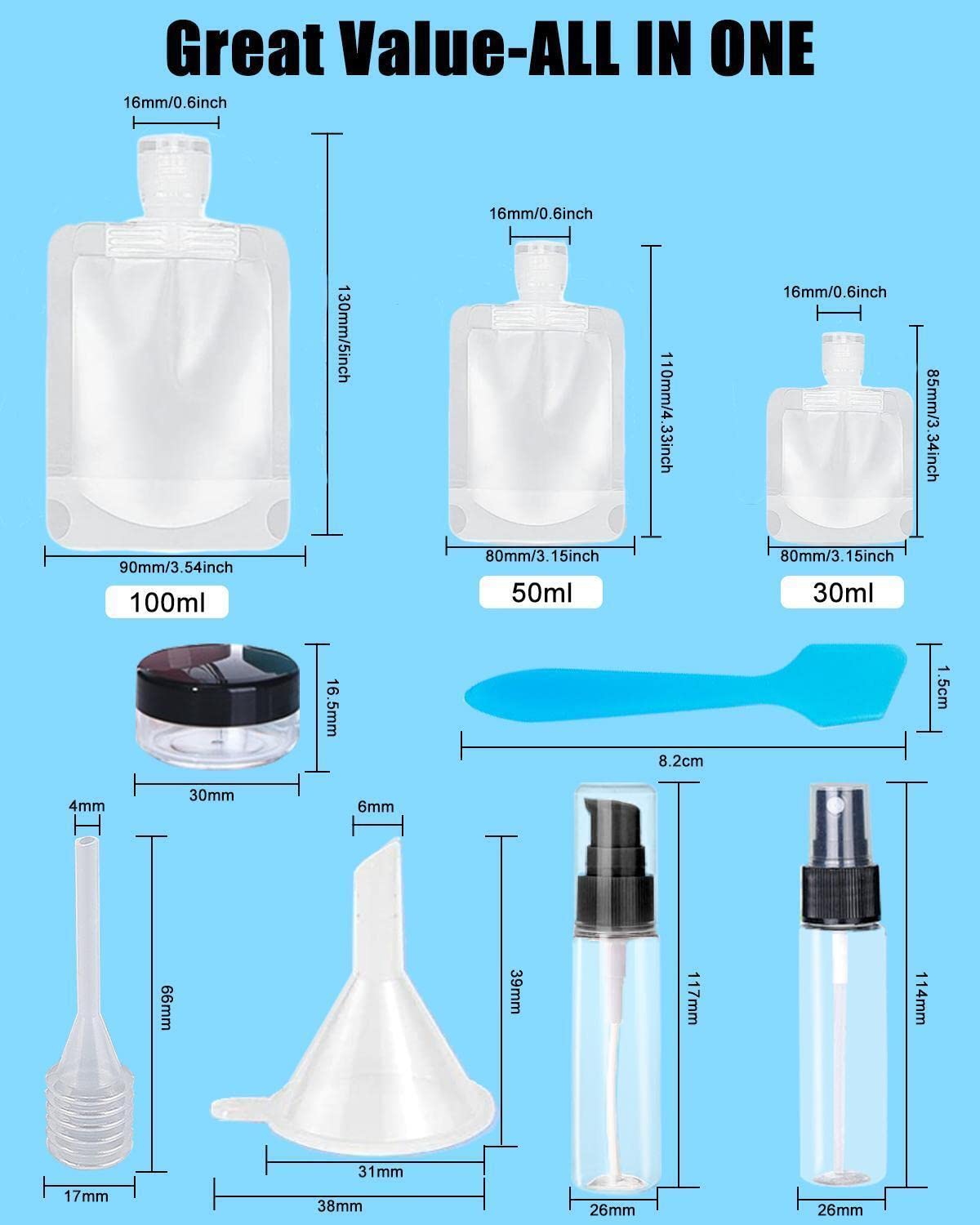 17 Pack Travel Pouches for Toiletries,TSA Approved,Portable Containers,Stand Up Pouch,Refillable