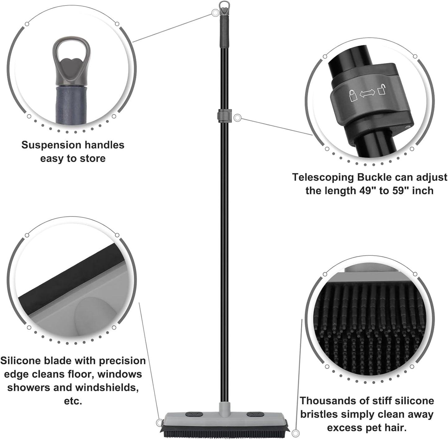 Pet Hair Removal Rubber Broom with Squeegee, Carpet Rake for Pet Hair with 59" Telescoping Long