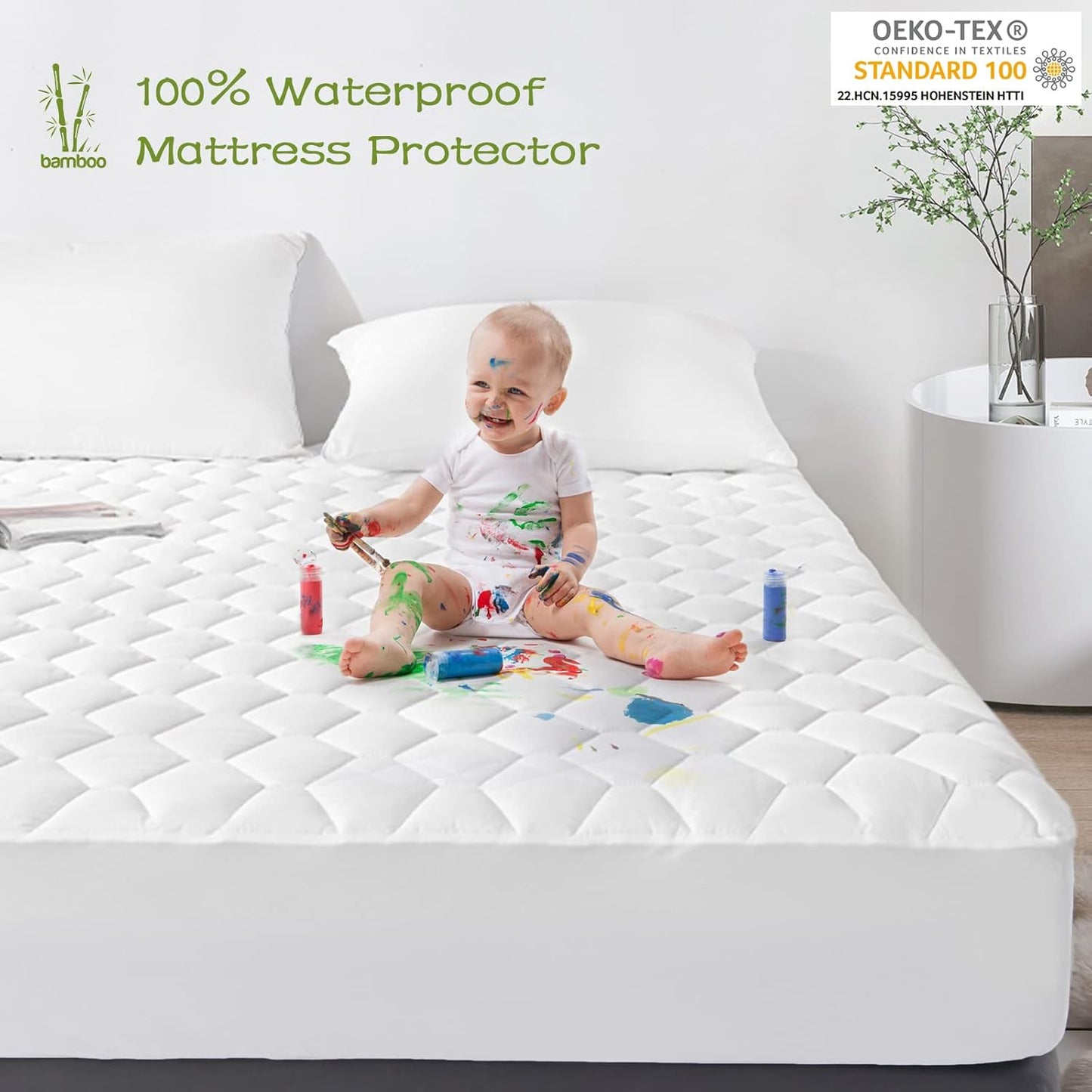 GRT Twin Mattress Protector Waterproof, Rayon from Bamboo, Cooling Quilted Fitted Mattress Pad