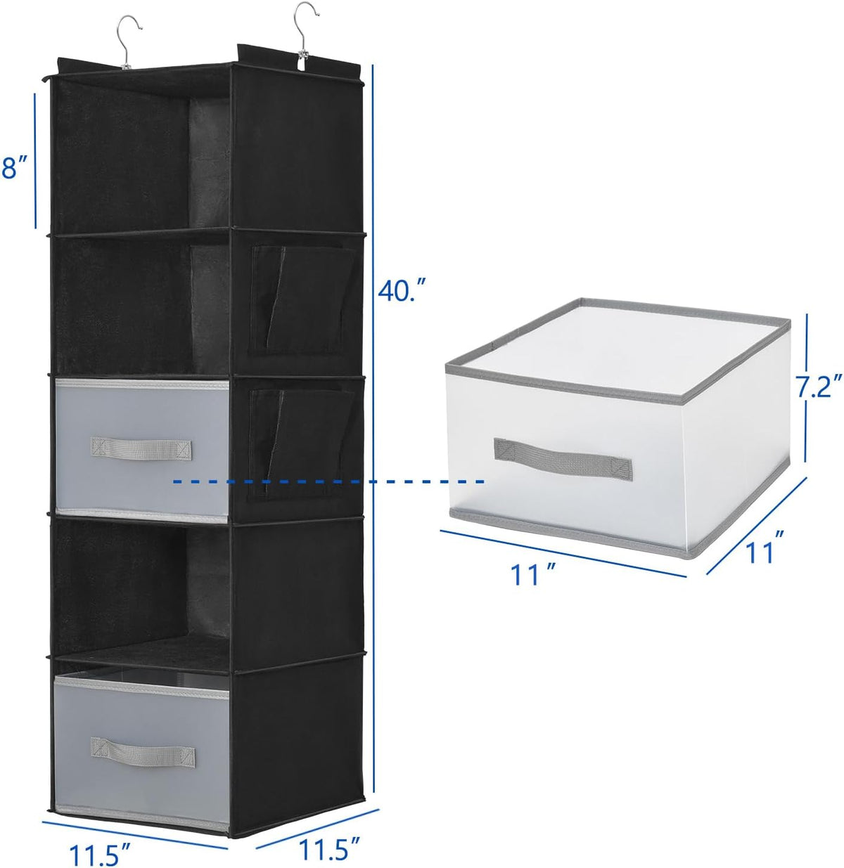 5-Layer Suspended Fabric Shelf Organizer, Equipped with 2 Sturdy Hooks, 2 Separate Drawers, and