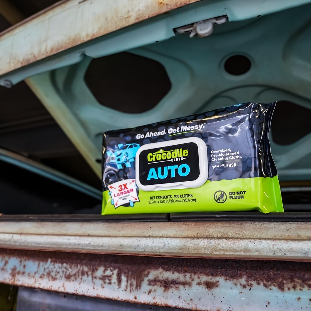 Crocodile Cloth Auto Cleaning Wipes – 100 XL (15" x 10") Disposable Wipes for Car Engine
