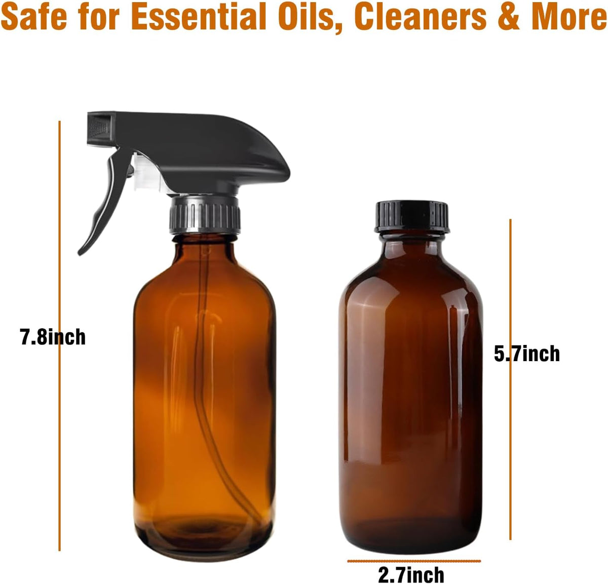 8oz Amber Glass Spray Bottles - 2 Pack Empty Refillable Bottles for Cleaning, Hair Care, Essential
