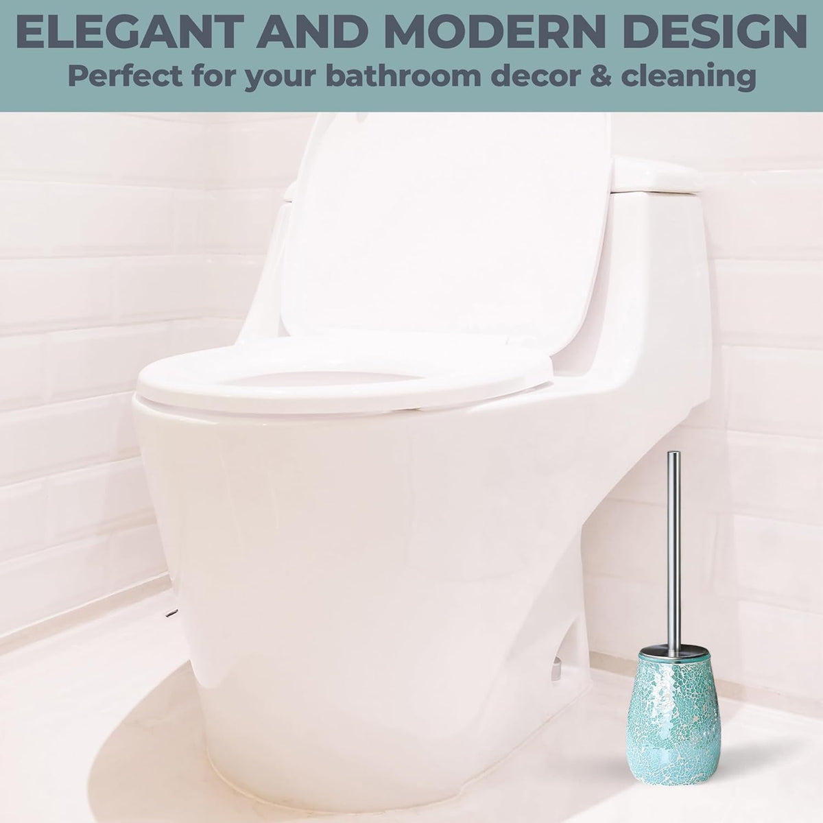 Escenzy Turquoise Green Toilet Brush and Holder Set Mosaic Glass | Non-Rustic Stainless Steel |