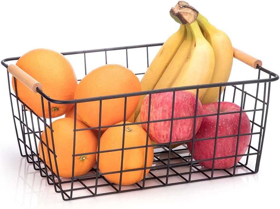 Metal Wire Food Storage Basket Organizer with Wooden Handles for Organizing Kitchen Cabinets, 4