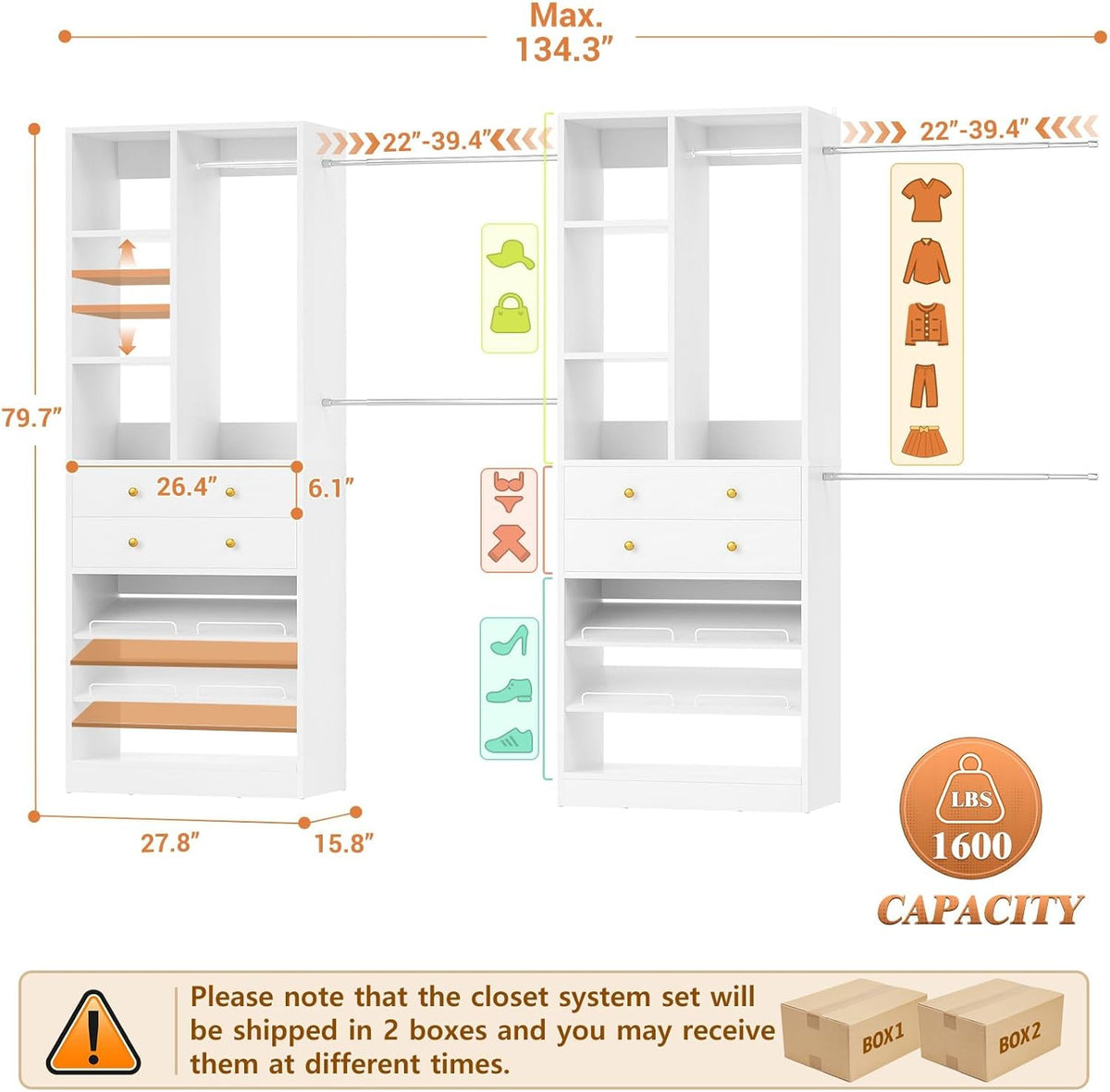 Closet System, Up to 134"/11.2 FT Closet Organizer with 4 Wooden Drawers and Shelves, Walk-in