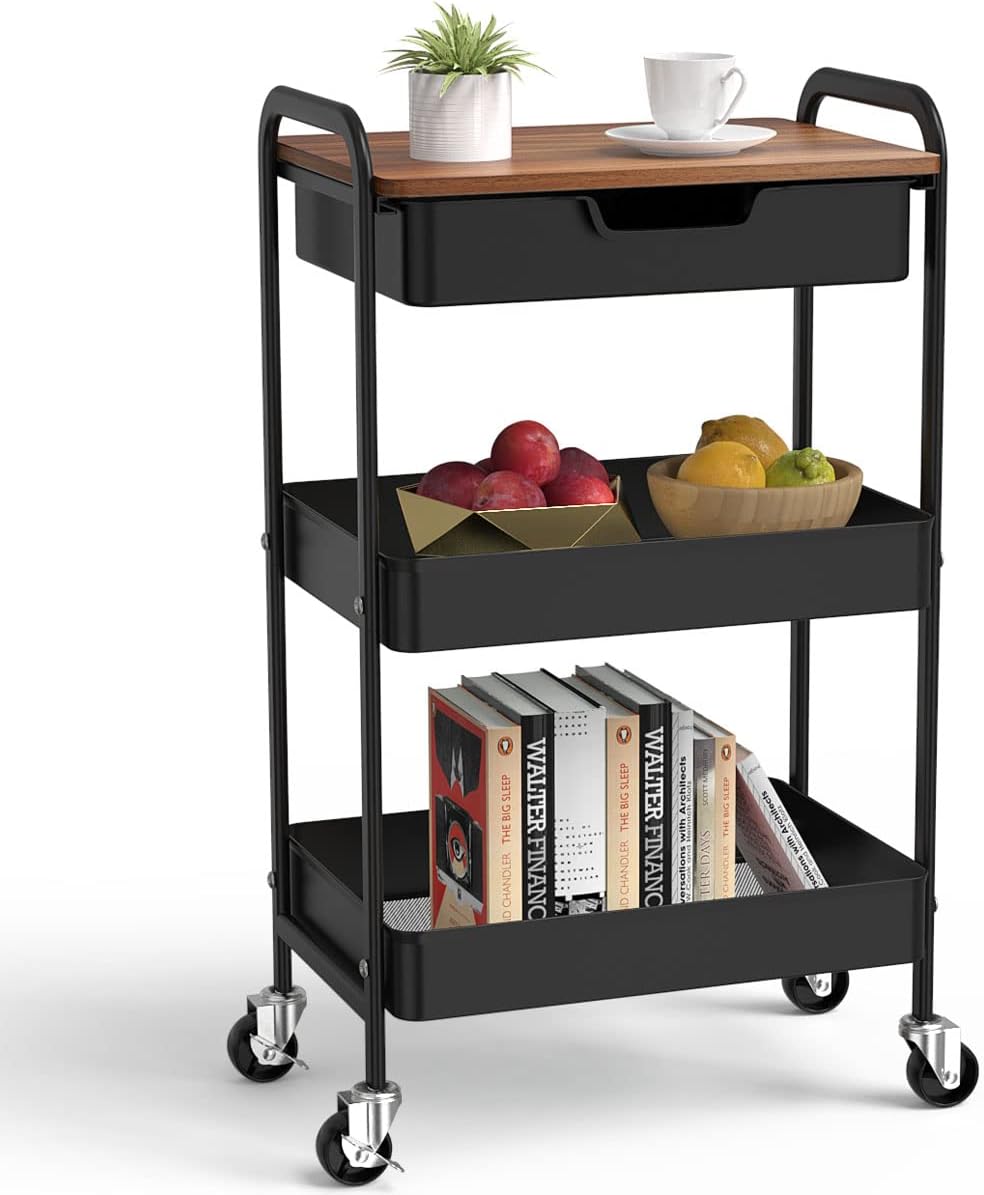 3 Tier Rolling Cart with Drawer, Metal Utility Cart on Wheels Storage Cart with Wood Top, Kitchen