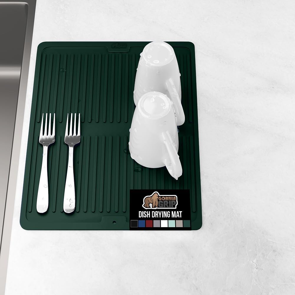 GORILLA GRIP 100% BPA-Free Silicone Dish Drying Mat for Kitchen Counter, Quick Dry, Water Catching