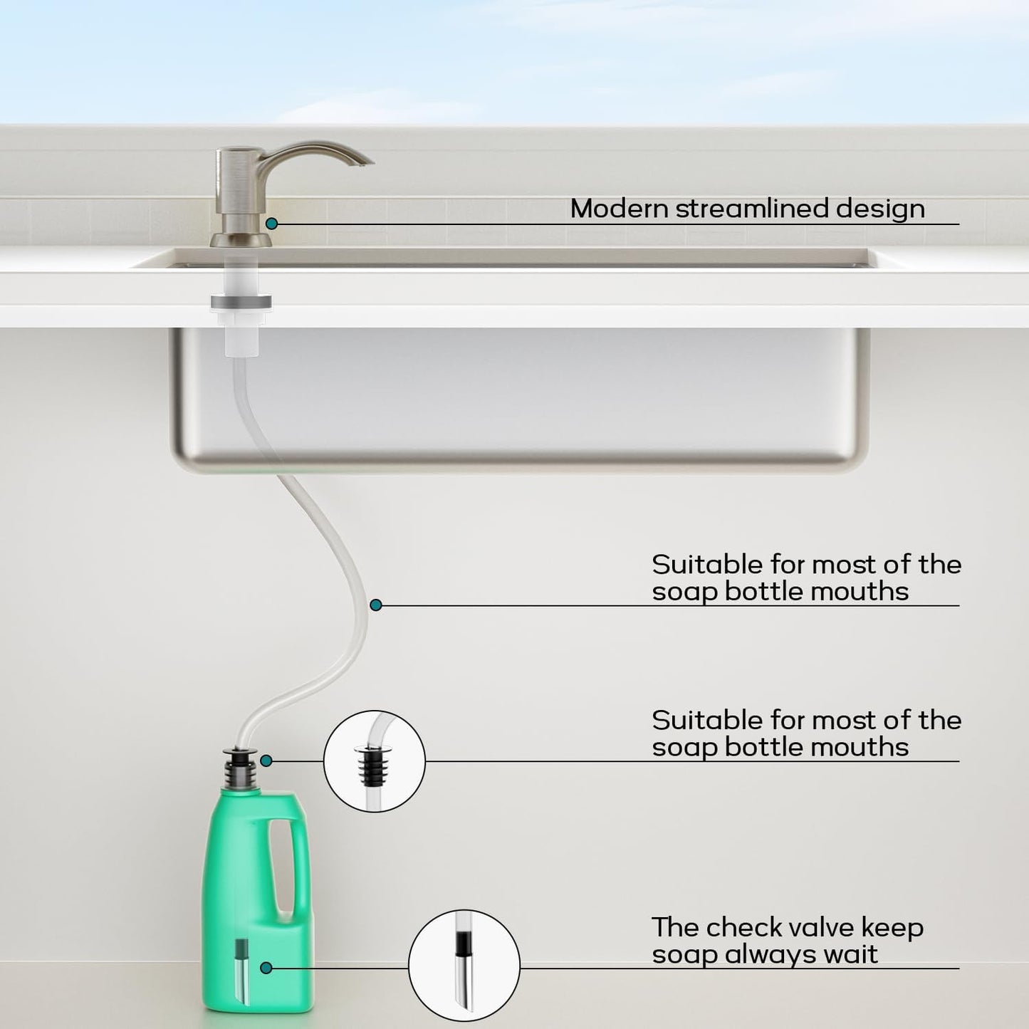 SAMODRA Built-in Kitchen Sink Soap Dispenser with Extension Tube Kit - Brushed Nickel Finish
