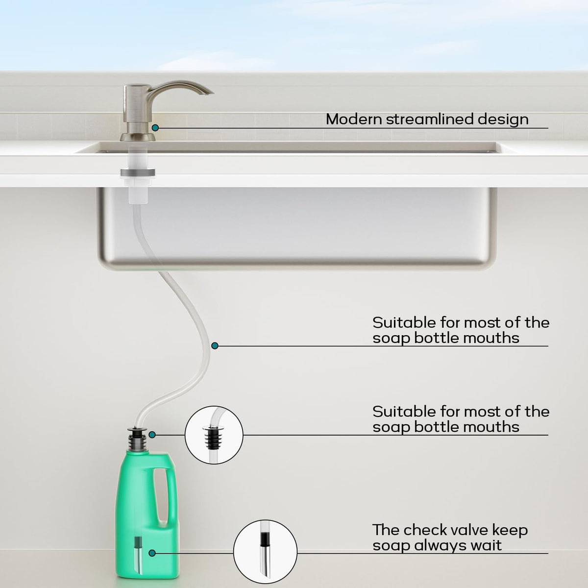 SAMODRA Built-in Kitchen Sink Soap Dispenser with Extension Tube Kit - Brushed Nickel Finish