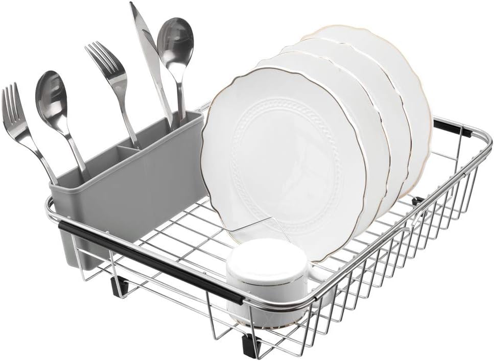 SANNO Expandable Dish Drying Rack,Dish Drainer,Dish Plate Holder Basket in Sink or On Counter with