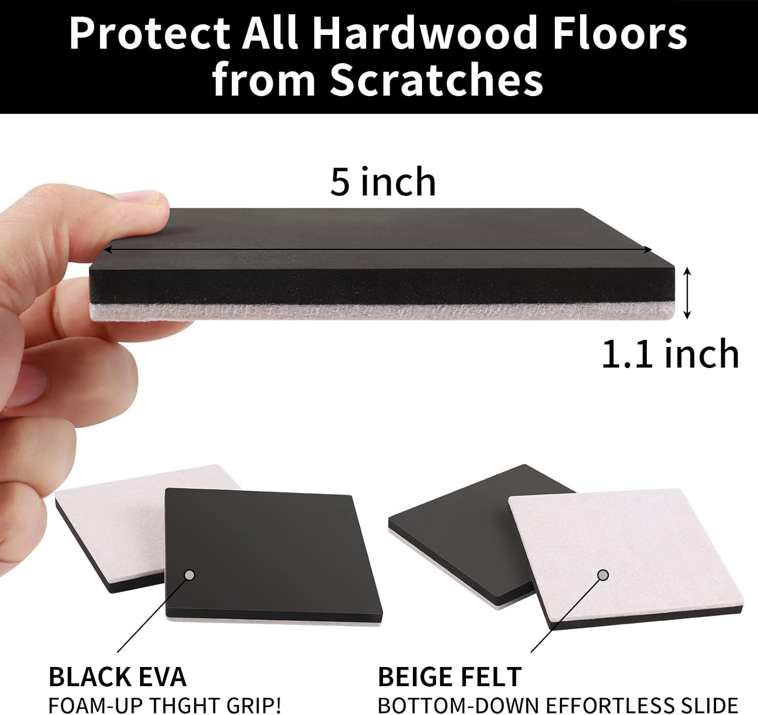 Ezprotekt 5" Square Felt Furniture Movers Sliders for Hardwood Floors, 8 Pcs Reusable Felt