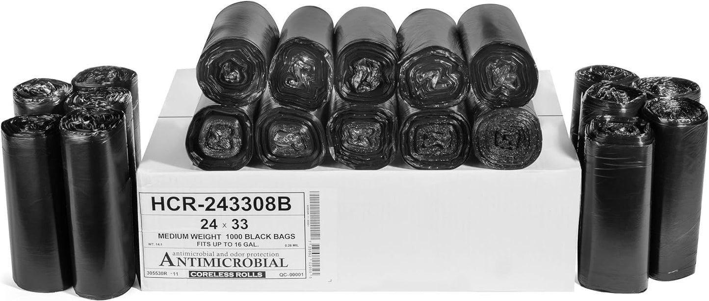 Aluf Plastics High Density Trash Bags, 16 Gallon, 1000 Count, 8 Micron (eq), 24" x 33", Black, for
