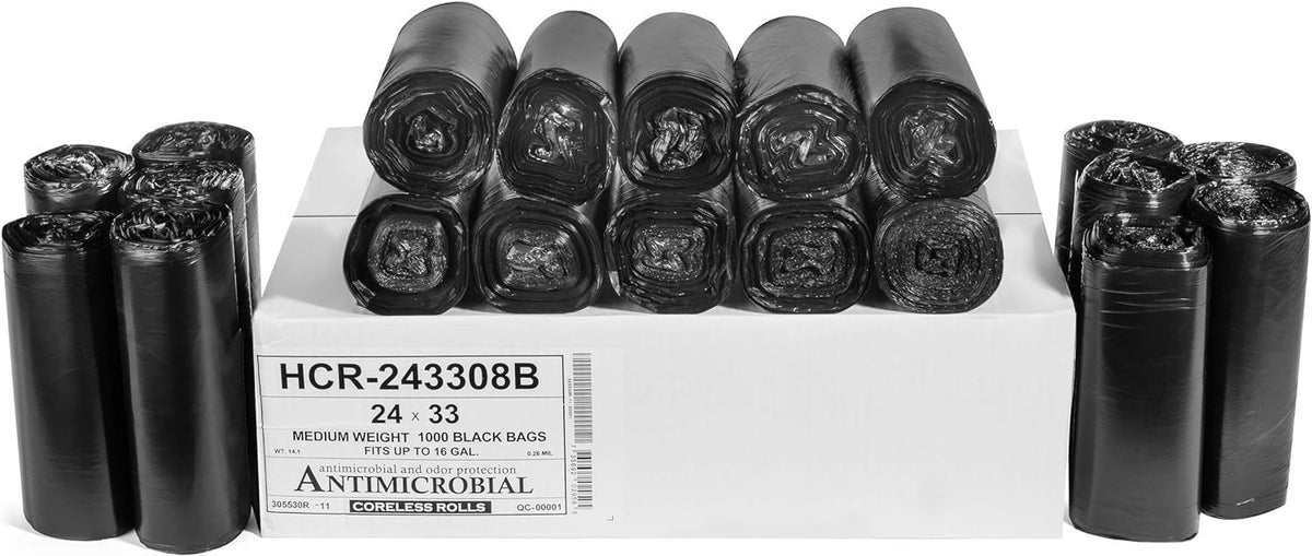 Aluf Plastics High Density Trash Bags, 16 Gallon, 1000 Count, 8 Micron (eq), 24" x 33", Black, for