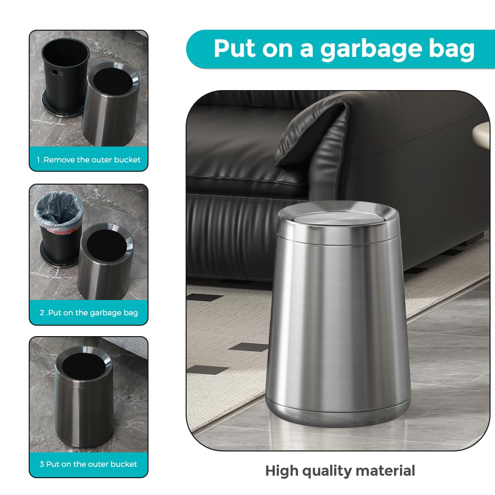 2.1 Gallon Bathroom Trash can with Lid, Small Brushed Silver Garbage Can, Stainless Steel Waste