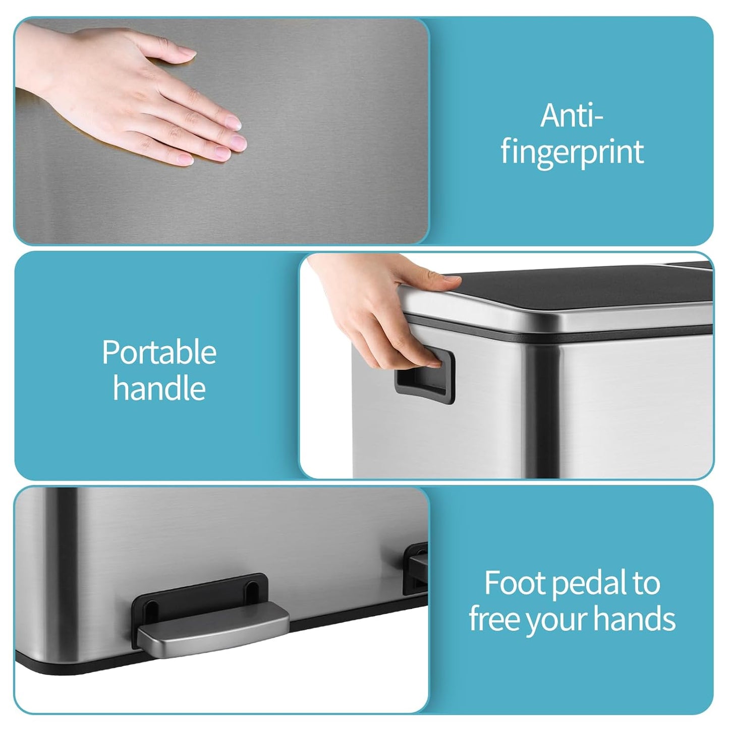 16 Gallon Rectangular Stainless Steel Trash Can, Dual Compartment Garbage Bin with Recycling Combo