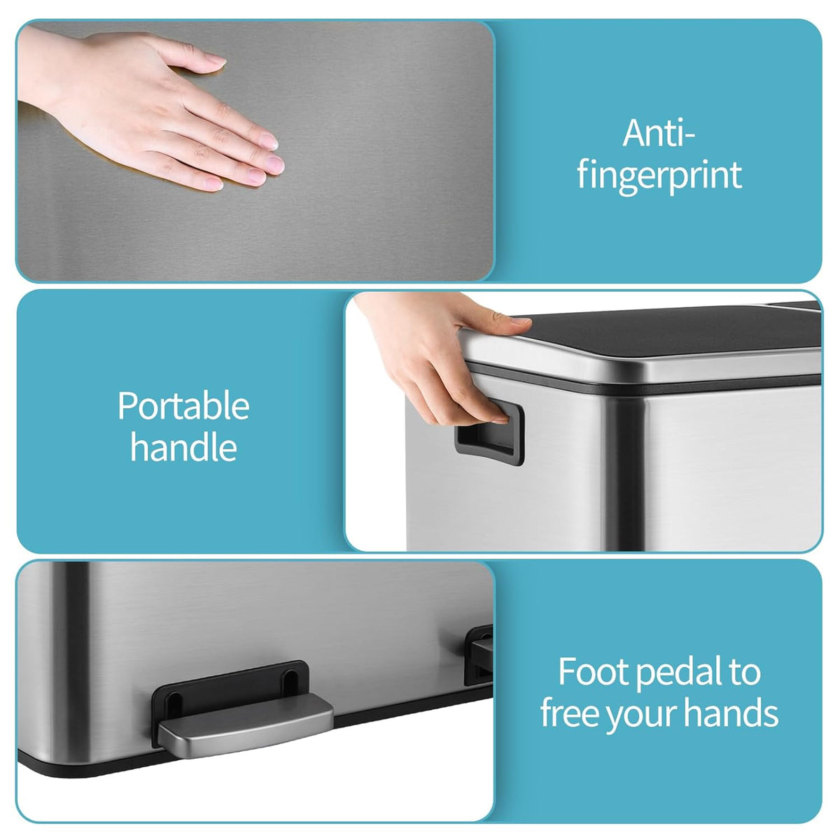 16 Gallon Rectangular Stainless Steel Trash Can, Dual Compartment Garbage Bin with Recycling Combo