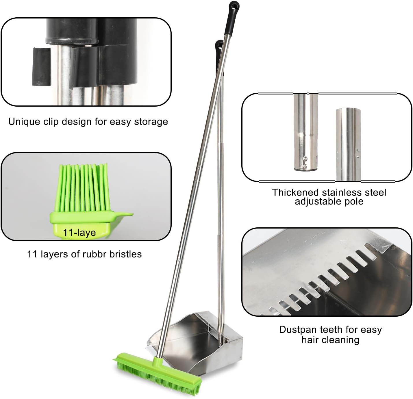 Rubber Broom and Dustpan Set,Pet Hair Removal Rubber Broom with Squeegee and Stainless Steel Dust