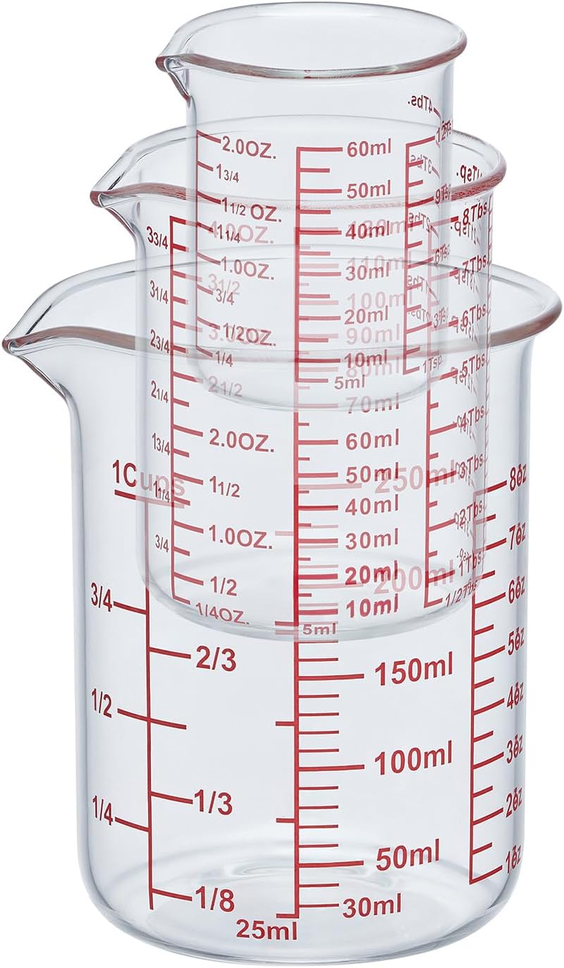 Ackers High Borosilicate Glass Measuring Cup Set with Pour Spout,60ml(2OZ),120ml(4OZ), 250ml(8OZ)