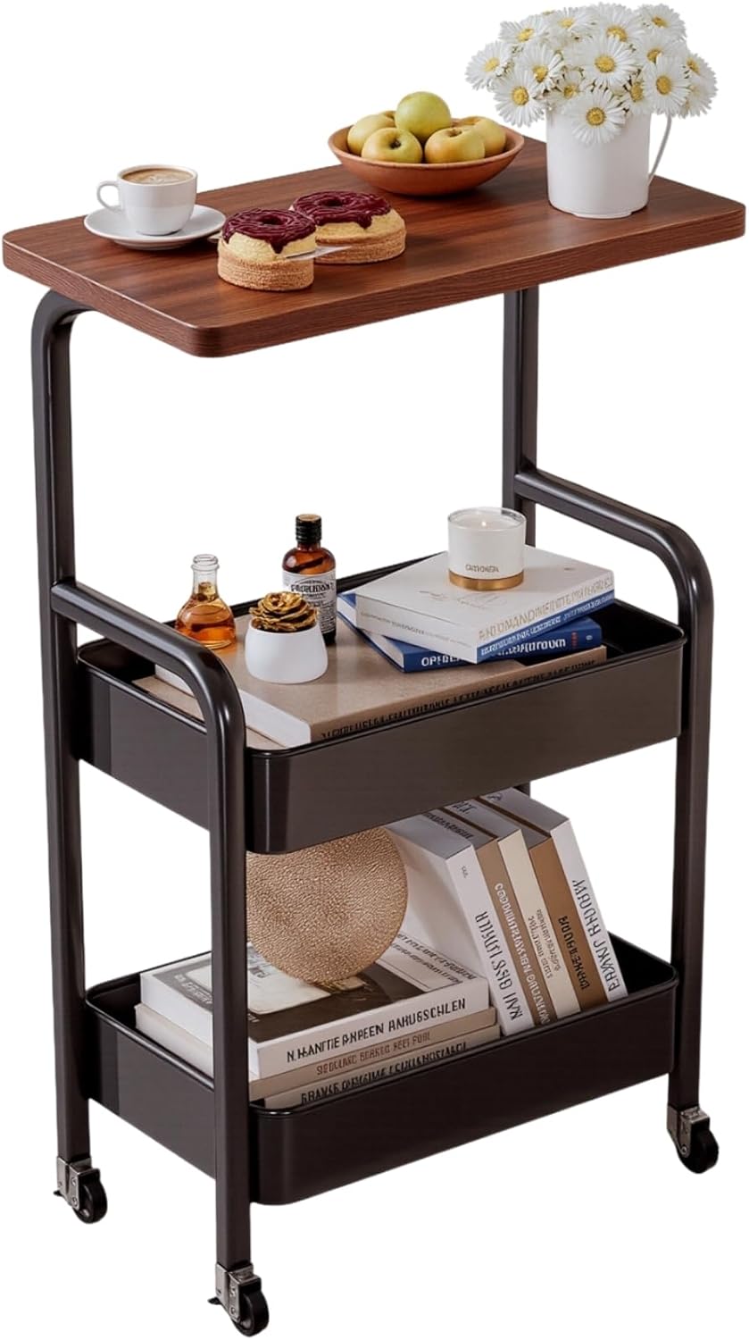 3 Tier Metal Rolling Utility Cart Organizer with Walnut Table Top, Stable and Sturdy Rolling