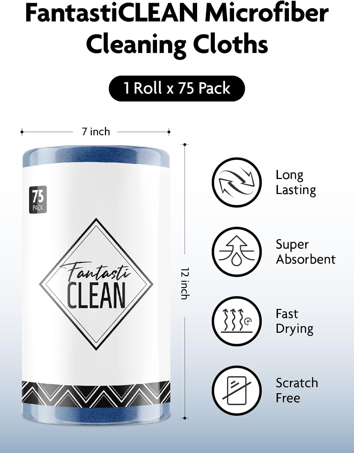 Fantasticlean Microfiber Cleaning Cloth Roll -75 Pack, Tear Away Microfiber Towels, 12" x 12"