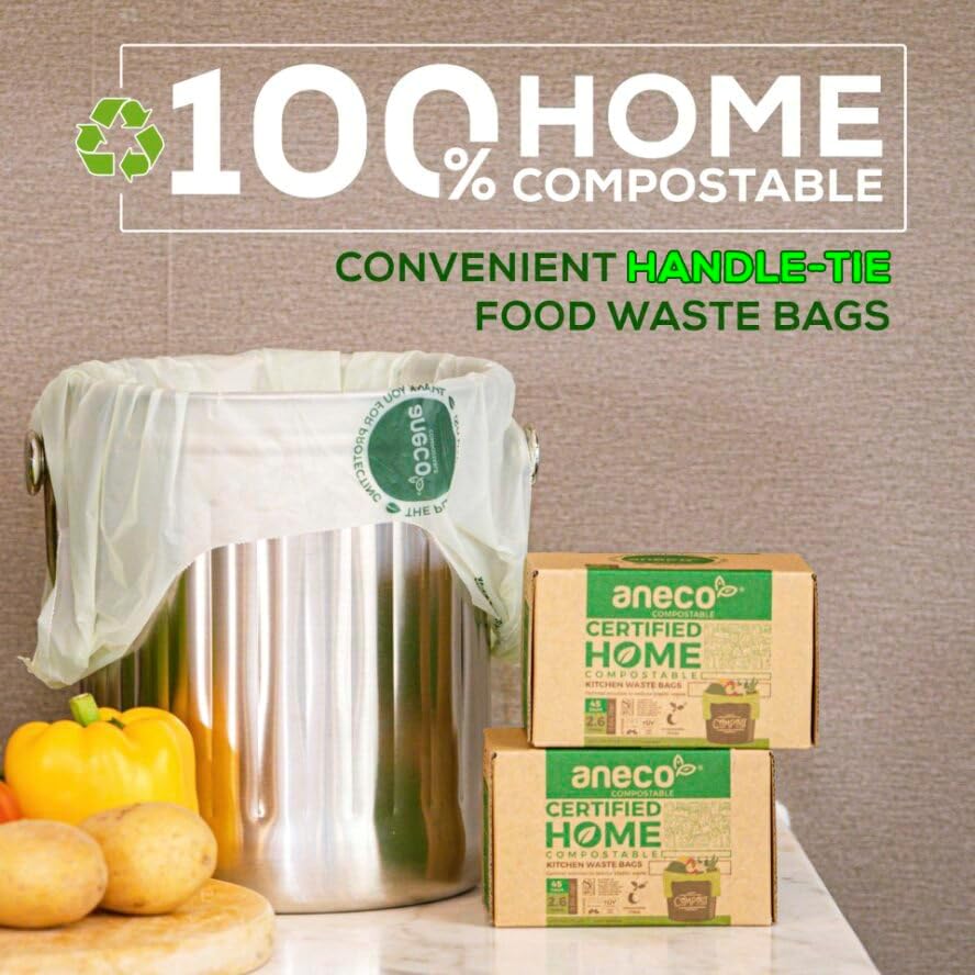 ANECO 100% Compostable Food Waste Bags 2.6 Gallon With Handles, Small Compost Bags for Countertop