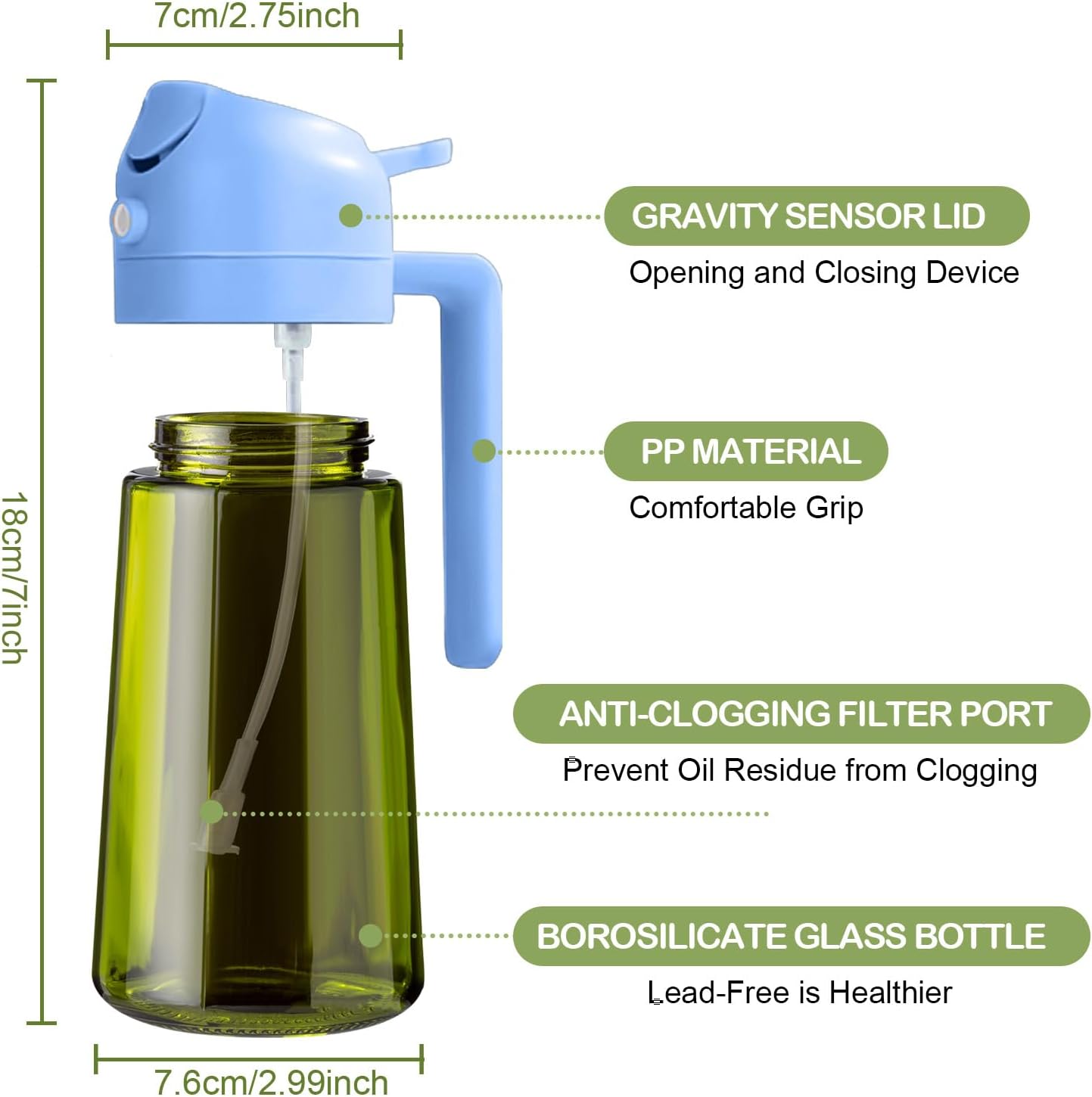 YARRAMATE 16oz/470ml Dark Green Oil Sprayer for Cooking with Stickers, Food-grade Premium 2 in 1