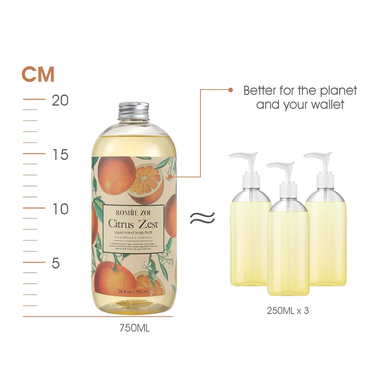 ROMIIE ZOI Liquid Hand Soap Refill Gift Set – 3 Pack (26 Fl Oz Each), Citrus Zest Scent