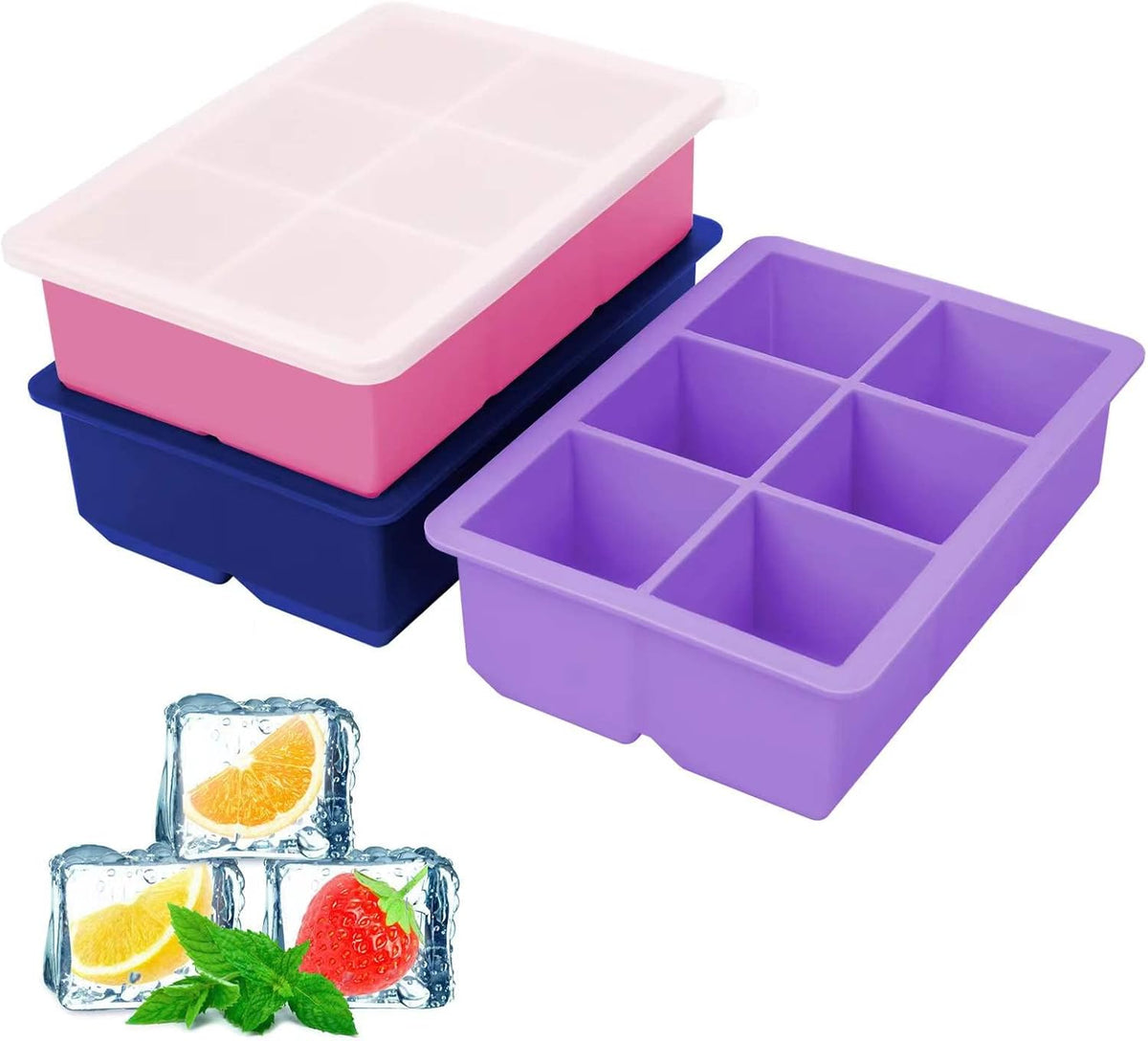 Silicone Ice Cube Trays 3 Pack - Large Size Silicone Ice Cube Molds with Leak Proof Removable Lid