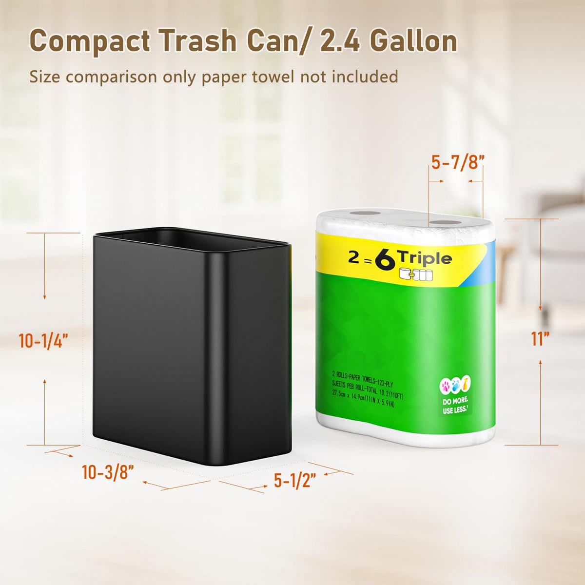 Small Bathroom Trash Can 2.4 Gallon Wastebasket, Slim Metal Garbage Can Matte Black Stainless Steel
