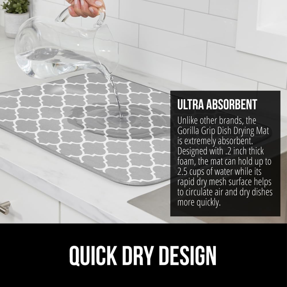 GORILLA GRIP Ultra Water Absorbent Microfiber Dish Drying Mat, 18x32, Quick Dry Thick Mesh, Slip