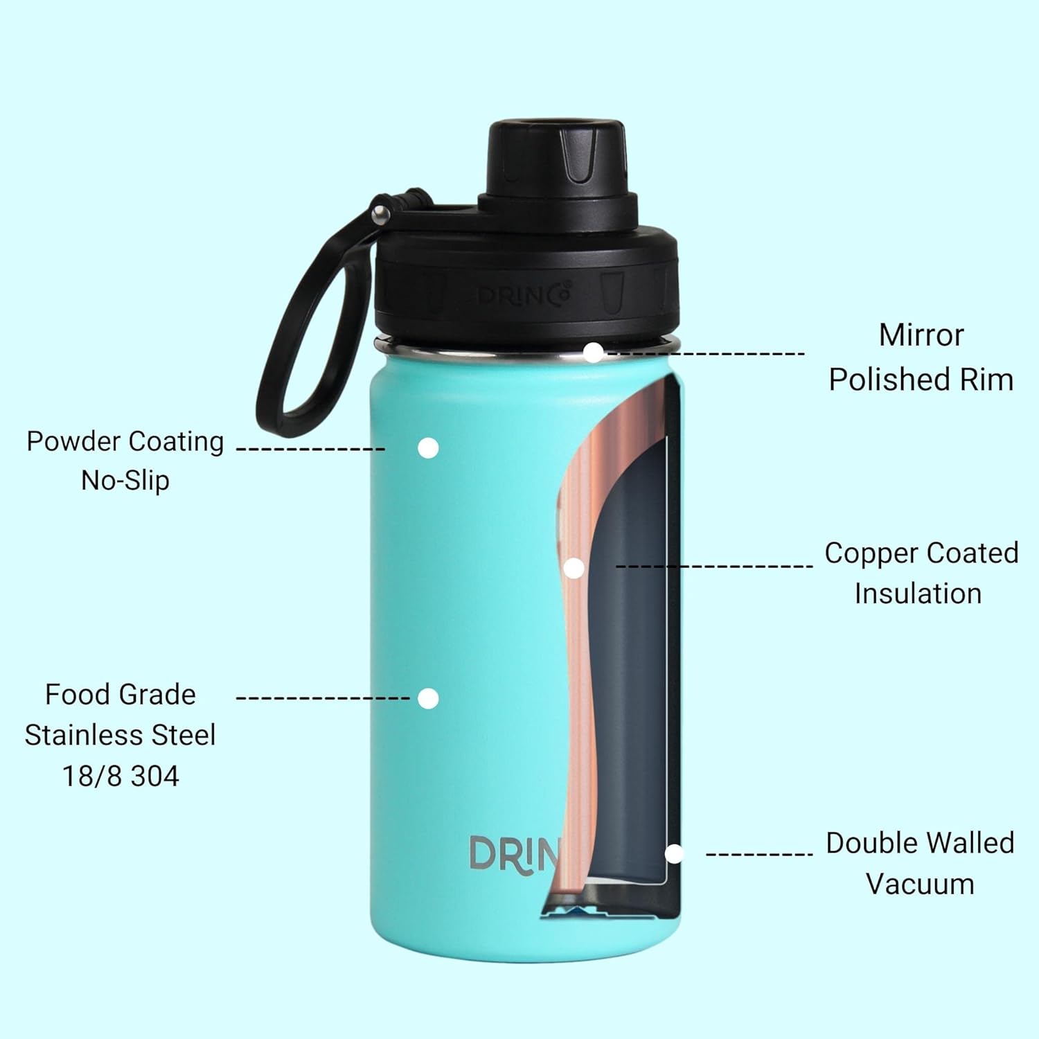 DRINCO Stainless Steel Water Bottle Spout Lid Vacuum Insulated Double Wall Water Bottle Wide Mouth