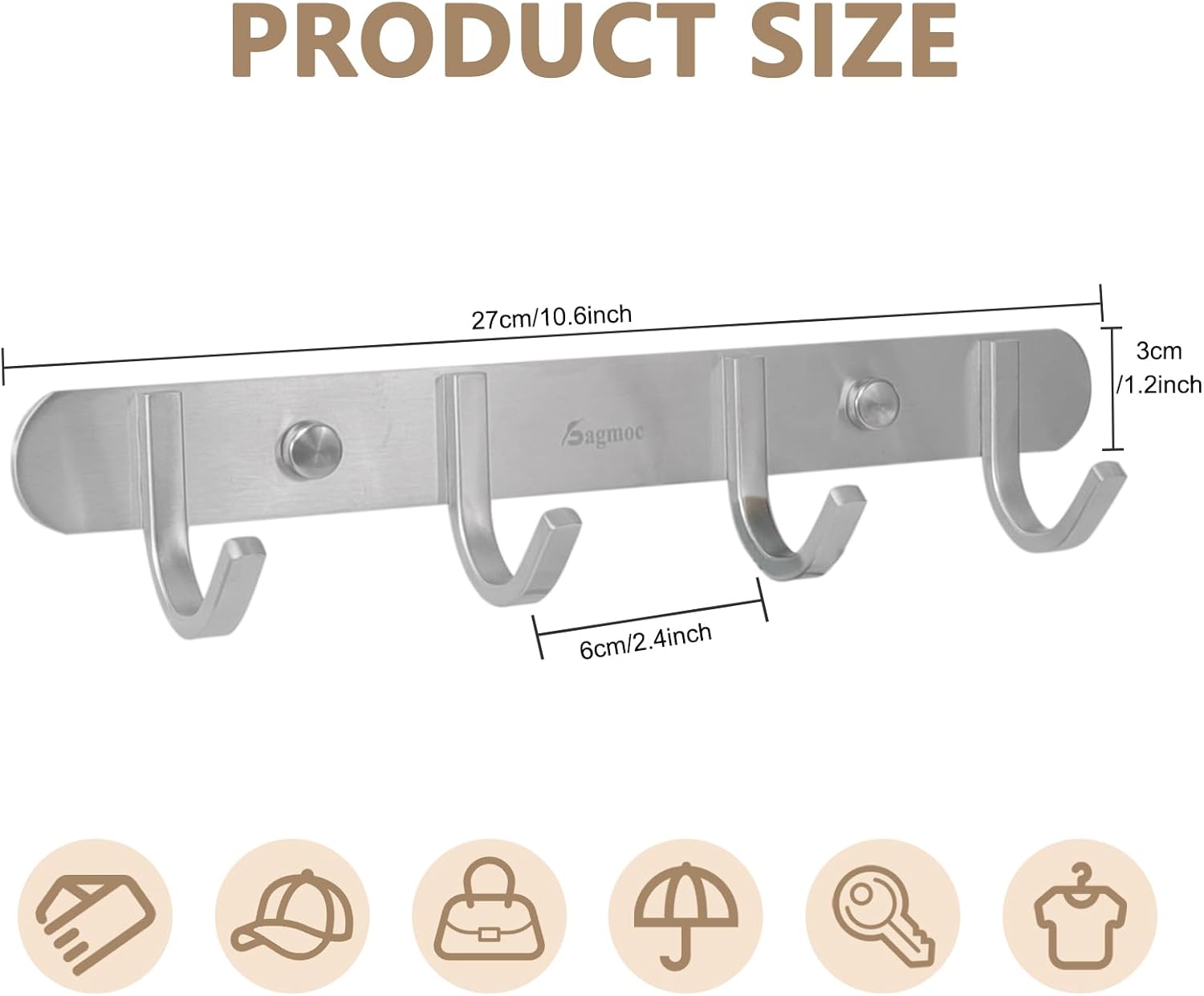 Coat Hook Rack Brushed Nickel 10.6-Inch Coat&Towel Hook Rail Wall Mounted with 4 Hooks, Durable