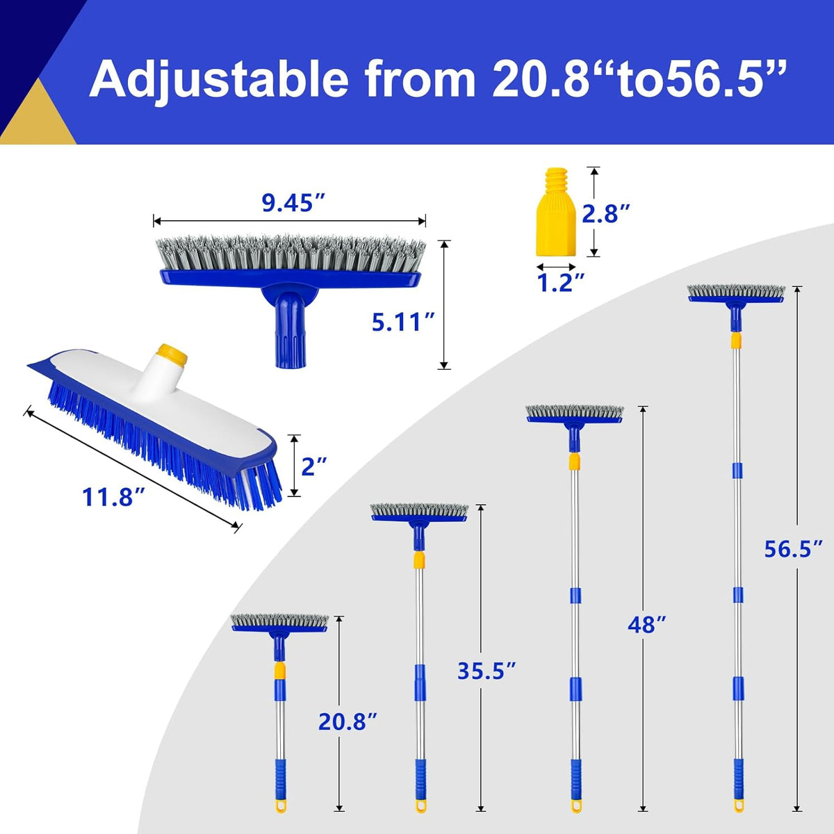 ITTAHO 12" Wide Floor Scrub and Grout Brush Set With Long Extendable Handle - Stiff Bristle Heavy