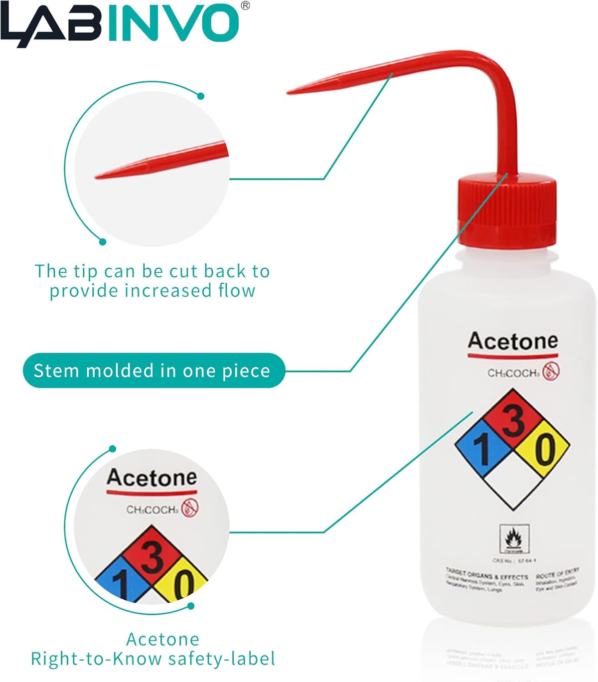 4pcs of Acetone Wash Bottles, Vol.500ml (17oz), Narrow Mouth, Self-Venting Safety Wash Bottles