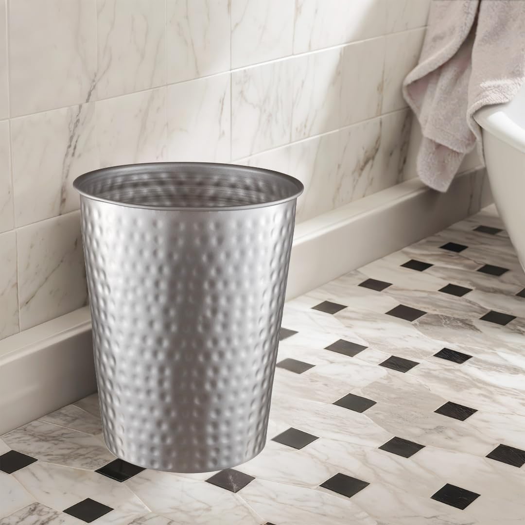 Monarch Abode Pewter Hand Hammered Metal Wastebasket for Home Office Bedroom, Decorative Waste